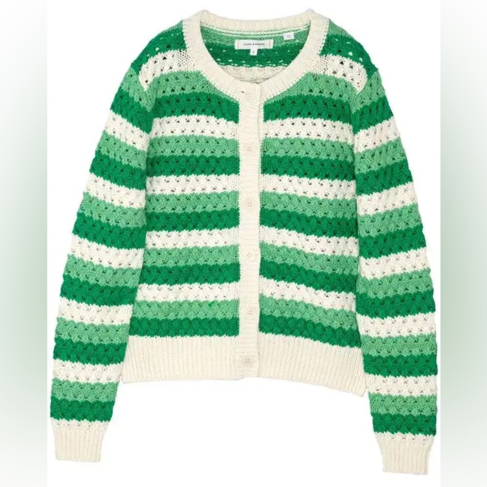 🇬🇧 NWT CHINTI AND PARKER Green Stripe Cotton Crochet Cardigan